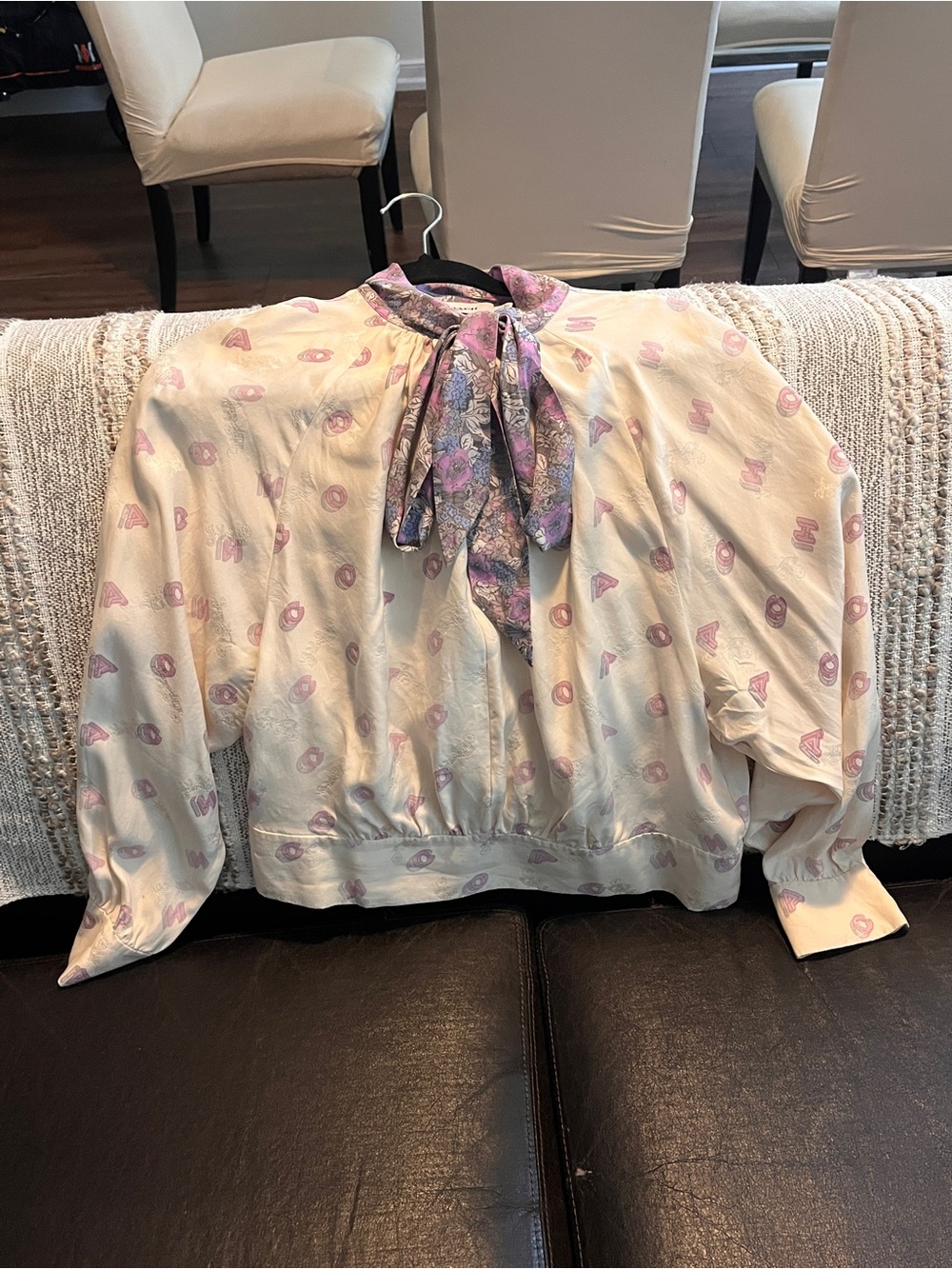 Coach Cream Blouse with Pink Motif and Floral Tie